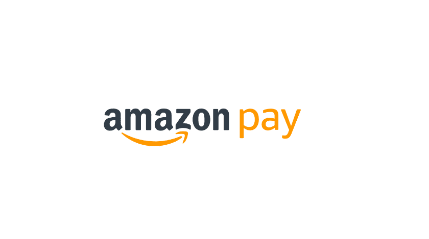Logo für Zahlungsmöglichkeit amazon pay. Schwarze und orangene Schrift.
