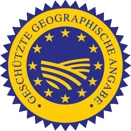Ein EU-Patentsiegel mit der Aufschrift: Geschützte geographische Angabe. In der Mitte EU-Sterne und eine Landschaft.