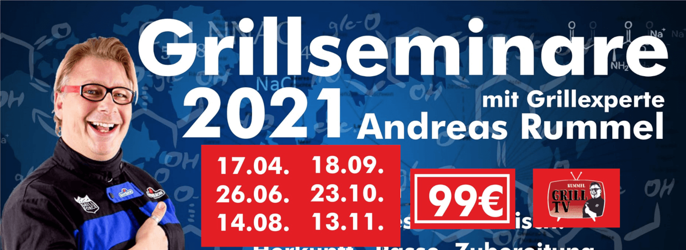 Grillseminare in 2021 Plakat für Grillseminare 2021 mit Andreas Rummel. Weiße Schrift auf blau-rotem Hintergrund.
